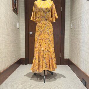 Johanna Ortiz Yellow Maxi Sundress with Flutter Sleeves and Crew Neck